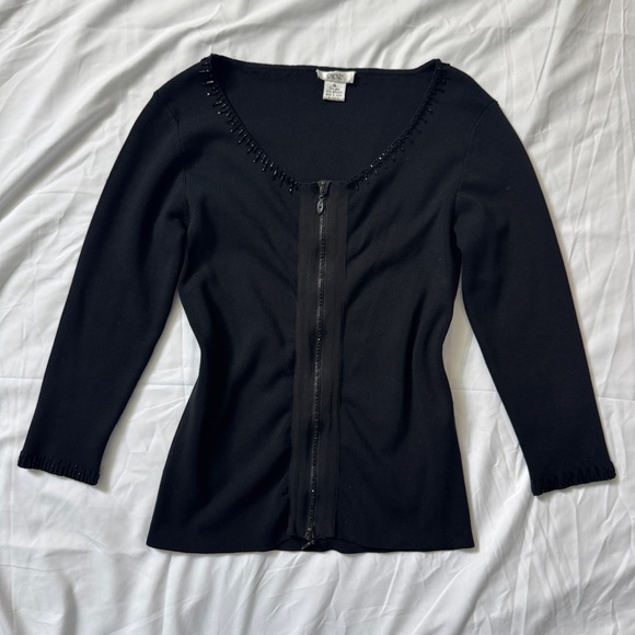 Cache Tops - Vintage Cache Y2K Black Silk Beaded Knit Blouse with Zip-Up Detail